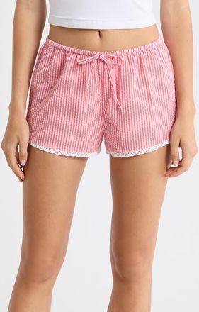 Open Edit Seersucker Boxer Sleep Shorts in Coral- Pink Hickory Stripe at Nordstrom, Size X-Small