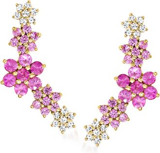 Ross-Simons Pink Sapphire and. Diamond Floral Ear Climbers in 14kt Yellow Gold
