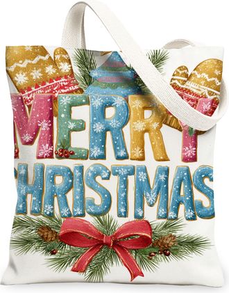 Generic Holiday Canvas Tote Bags, Merry Theme Reusable Grocery Bags, Winter Vintage Lightweight Washable Shoulder Strap Canvas for, White, 13x15 Inch