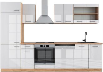 Vicco Cucina componibile R-Line, Bianco lucido/oro power oak, 300 cm, PL Rovere, Vicco