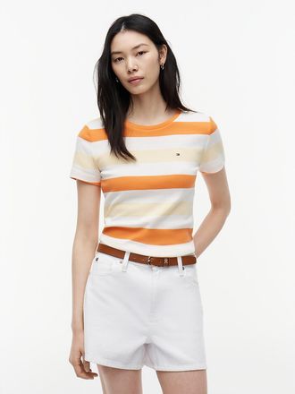 Tommy Hilfiger Womens Rugby Stripe Crewneck T-Shirt - Orange - XXL