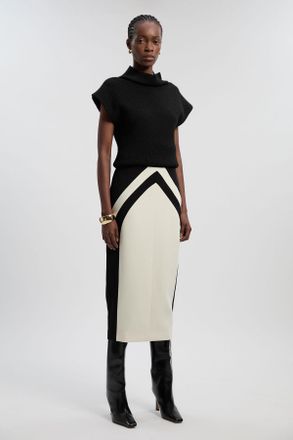 Karen Millen Womens Compact Stretch Colour Block Tailored Pencil Midi Skirt - Monochrome Multi - Size 10 UK