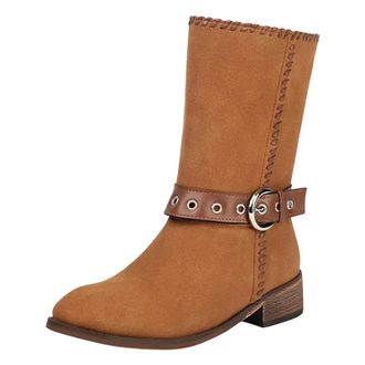 Generic Womens Casual Mid Calf Boots Round Toe Med Block Heel Slip On With Platform And Decorative Metal Buckles Daily Wear