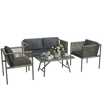 OUTSUNNY 4 Seater Wicker Outdoor Furniture Set with Glass Coffee Table Grey | TJ Hughes
