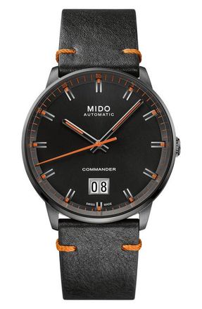 Mido Commander Big Date Automatic Leather Strap Watch, 42mm in Black at Nordstrom