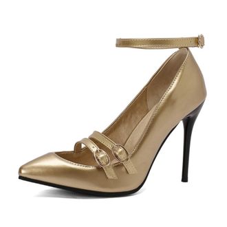 Generic Womens Stiletto Pumps Patent Glossy Upper Double Buckle Strap Adjustable Ankle Strap Pointed Toe Cushioned Insole Durable Stylish Heels,Gold,10.5 UK