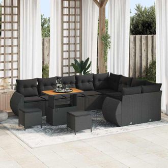 vidaXL Conjunto De Sof&aacute; De Jard&iacute;n 12 Pcs Negro Rat&aacute;n Sint&eacute;tico