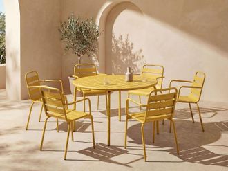 Vente-Unique Sala da pranzo da giardino un tavolo rotondo D.130cm e 6 poltrone impilabili in Metallo Giallo senape - MIRMANDE di MYLIA