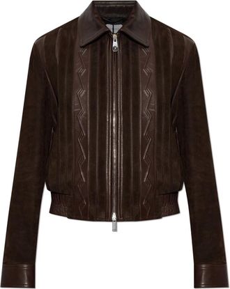 Versace Greca-embossed Leren en Su&egrave;de Jas - Dames - Leren en Su&egrave;de Jassen - Bruin - M - Su&egrave;de - Jassen