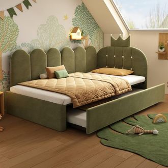 Merax 3FT Crown Upholstered Daybed With Pull Out Trundle Bed in Green | Size: Single