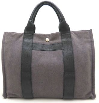 Herm&egrave;s Black Gray Toile H Leather Tote Bag (Pre-Owned)