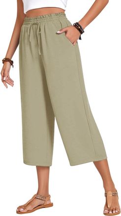 Generic Summer Trousers For Women UK Wide Leg Linen Trousers Elasticated Waist Lightweight Cotton Linen Capri Pants With Pockets 3/4 Length Cropped Pants Pala