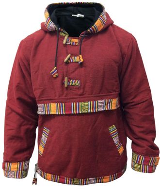 Shopoholic Fashion Men and Women Hippie Grunge Bordered Pullover Full Fleece Lined Festival Hippie Jacket, Maroon/XL