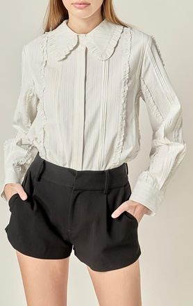 English Factory Stripe Pintuck & Ruffle Button-Up Shirt in White at Nordstrom, Size X-Small