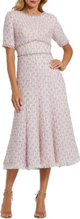 Mac Duggal Short Sleeve Beaded Trim Boucle Midi Dress in Pink Multi at Nordstrom, Size 12
