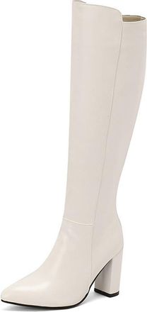Generic Womens Soild Color Zip Up Knee High Riding Boots Pointed Toe Chunky High Heel Dressy Pumps Shoes for Winter (7.5,White)