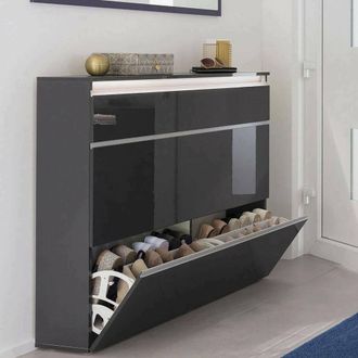 Dmora Dmora Zapatero Moderno, Made In Italy, Con 2 Puertas Y 1 Puerta Abatible, Zapatero De Entrada, 120x27h108 Cm, Color Antracita Brillante, Con Embalaje 