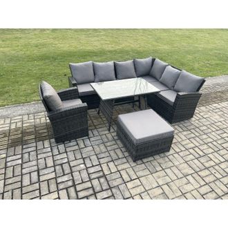 Fimous High Back Outdoor Garden Furniture Set Rattan Corner Sofa Dining Table Set With Armchair Big Footstool 8 Seater Dark Grey Mixed - Fimous