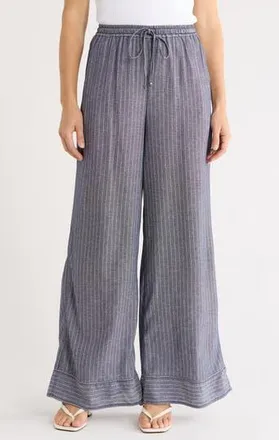 Max Studio Stripe Wide Leg Pull-On Pants in Navy/White Pinstripe at Nordstrom Rack, Size X-Large