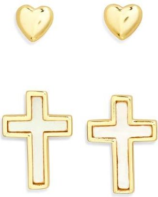 Argento Vivo Set of 2 Heart & Mother-of-Pearl Cross Stud Earrings in Gold at Nordstrom Rack