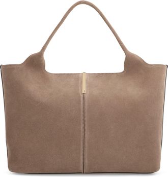 Tod's Womens Shopping Bag Suede Calfskin Light Chalk Tote