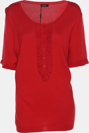 Basler Red Stretch Knit Ruffle Details Tops