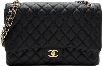 Chanel Black Quilted Caviar Leather Classic Maxi Single Flap Bag (Authentic Pre-Loved)