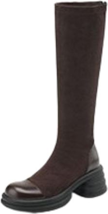 Generic Womens Suede Knee-High Boots Round Toe PU Leather Cap Toe Thick Platform Block Heels Stretch Upper Side Zipper Soft Lining Cushioned Insole Durable Ou