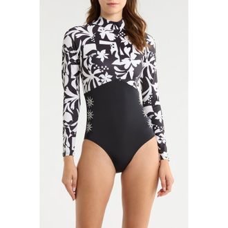 Rip Curl Topanga Geometric Print Embroidered Long Sleeve One-Piece Rashguard Swimsuit in Black at Nordstrom, Size X-Small