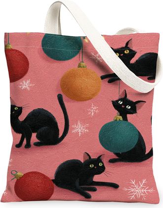 Generic Christmas Cat Canvas Tote Bags, Fanciful Feline Pattern Reusable Grocery Bags, Festive Retro Lightweight Washable Shoulder, Peach, 13x15 Inch