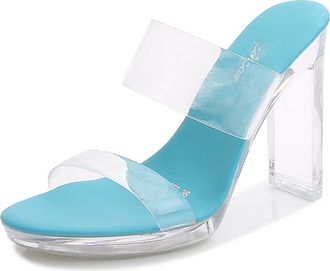 Generic Blue,7.5 UK,Womens Crystal Platform Heels Block Chunky Open Toe Two Strap Heel Sandals Slingback Slip-on Mules Slippers Summer Dress Shoes