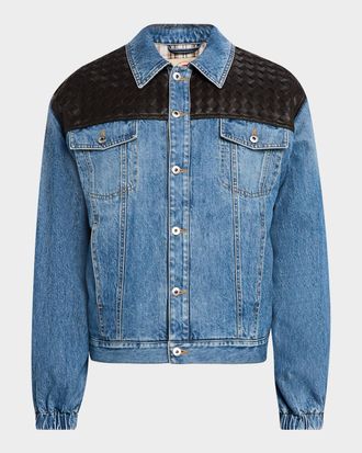 Bottega Veneta Men & apos;s Vintage Denim Jacket w/Intrecciato Yoke