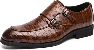 Generic Formal Oxford Shoes for Men Slip On Monk Strap Apron Toe PU Leather Slip Resistant Rubber Sole Low Top Anti-Slip Non Slip Casual(Brown,6.5 UK)