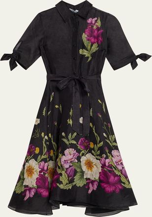 Teri Jon Floral-Print Silken Linen Midi Shirtdress