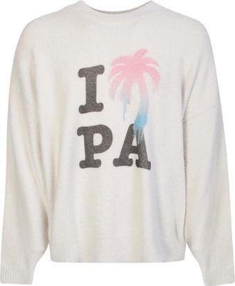 Palm Angels Witte Gebreide Trui Ronde Hals Lange Mouw Logo Print - Heren - Ronde hals truien - Wit - S - Katoen - Truien & Vesten