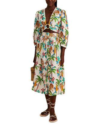 Farm Rio Linen-Blend Tropical Paradise Midi Skirt