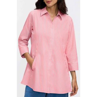 Foxcroft Cici Stripe Cotton Tunic Shirt in Coral Reef Red at Nordstrom, Size 16