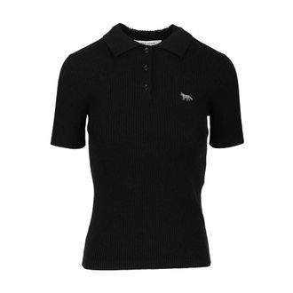 Maison Kitsun&eacute; Baby Fox Fine Rib Wool Polo - female - Maison Kitsun&eacute; - Polo Shirts - Black - L - Tops