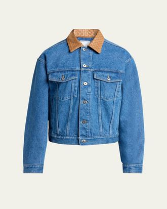 Bottega Veneta Mens Intrecciato-Leather Collar Denim Jacket
