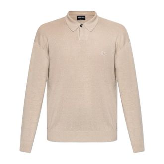 Giorgio Armani V-neck Knitwear, male, Beige, Size: XL Polo Shirt in Linen and Lyocell