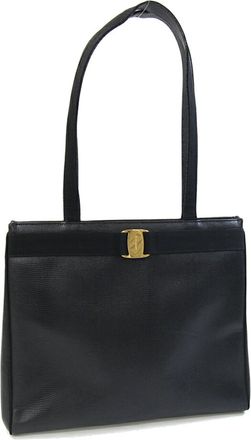 Ferragamo Black Leather Canvas Tote Bag (Pre-Owned)