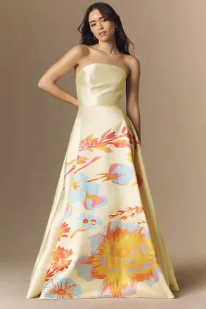 Mac Duggal Yellow Strapless Mikado Floral Ball Gown