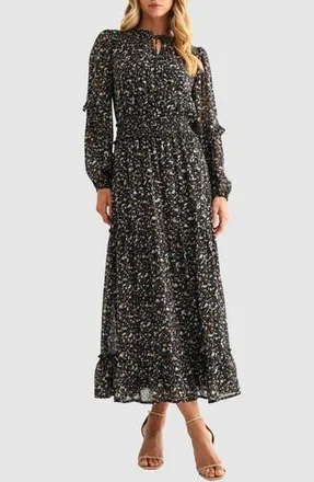 Mila Mae Floral Print Tie Neck Long Sleeve Maxi Dress in Black Floral at Nordstrom Rack, Size Small