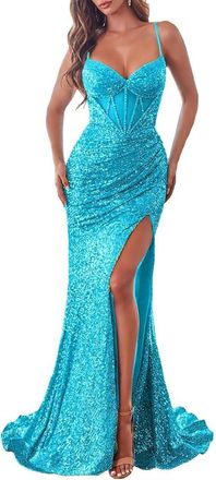 Generic Sequin Prom Dresses Long Sexy Crisscross Ball Gown Mermaid High Slit Low Back Formal Party Gowns Aqua Blue XL