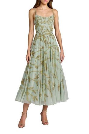 Mac Duggal Spaghetti Strap Floral Hand Beaded Midi Dress in Seafoam Gold at Nordstrom, Size 14