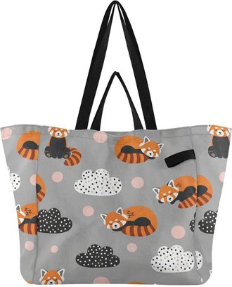 Generic Clouds Red Panda pattern Reusable Canvas Tote Bag, Heavy Duty Grocery Shopping Bag with Hard Bottom Double Handles Large Capacity Work Groceries Trave