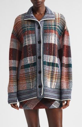 Missoni Oversize Check Wool Blend Cardigan in Green And Red Tones at Nordstrom, Size Medium