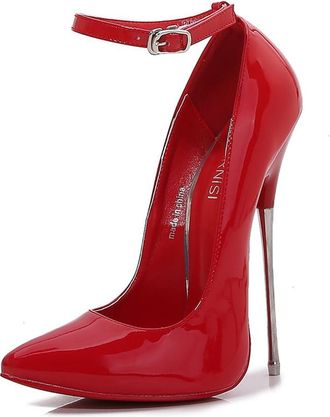 Generic Red,5.5 UK,Womens Ankle Strap Pumps Pointy Closed Toe High Heel 6.3 inch/16cm Stiletto Heels Patent Leather PU Evening Prom Dress Shoes