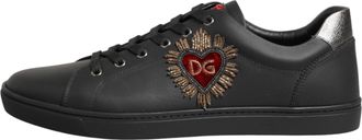 Dolce & Gabbana Black Leather Heart Embellished Sneakers Mens Shoes