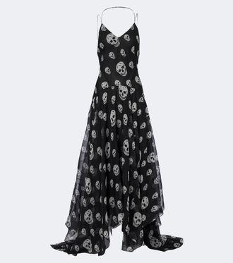 Alexander McQueen Vestido largo Skull de chif&oacute;n de seda estampado